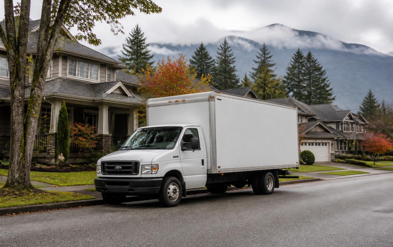 Moving truck parked on a residential street in Port Coquitlam, British Columbia with the Coast Mountains behind