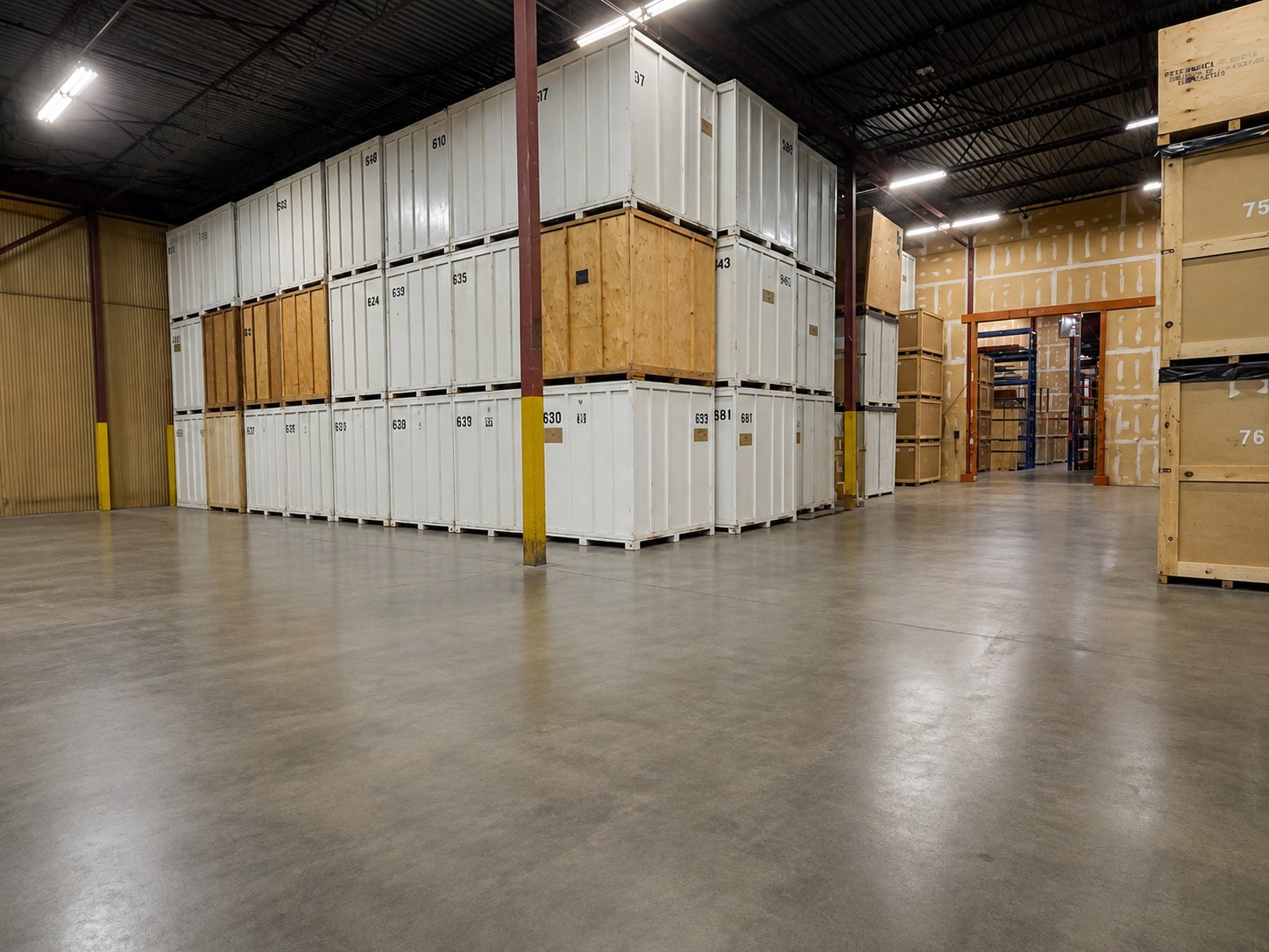 Interior of a secure climate-controlled storage warehouse with wooden storage vaults